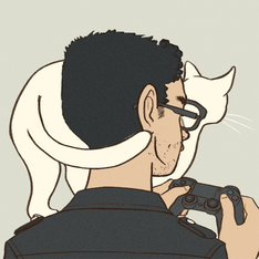 A cartoon picture of the back of a man's head; he's dark haired and olive skinned, wearing a black shirt and glasses. A white cat is standing on his shoulder and he's holding a video game controller.